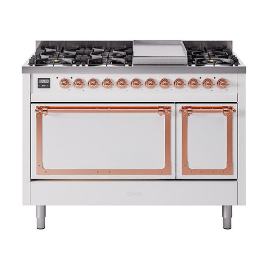 Ilve UN48FQNMPWHP Ilve Un48Fqnmpwhp Nostalgie Ii Noblesse 48" Dual Fuel Range (8 Sealed Burners + Griddle, Natural Gas, Solid Door, White, Copper)