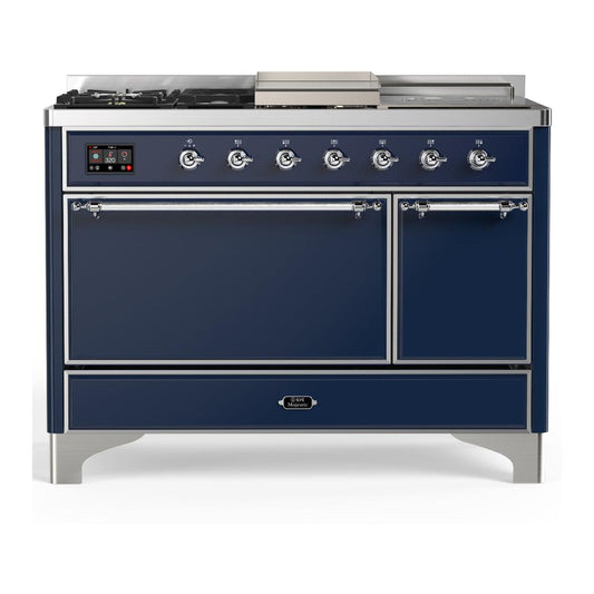 Ilve UM48FSQNR3MBC Ilve Um48Fsqnr3Mbc Majestic Iii 48 Inch Dual Fuel Range With 5 Black Brass Burners, Griddle And French Top, Dual Function Burner Up To 25,000 Btu (Natural Gas, Solid Door, Midnight Blue, Chrome)