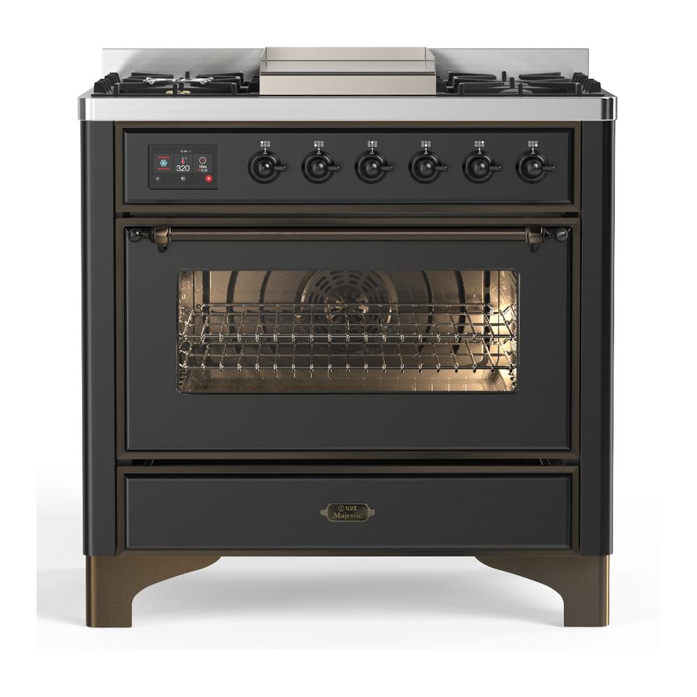 Ilve UM36FNR3MGBLP Ilve Um36Fnr3Mgblp Majestic Iii 36 Inch Dual Fuel Range With 6 Black Brass Burners And Griddle, Dual Function Burner Up To 25,000 Btu (Triple Glass Door, Graphite Matte, Burnished, Liquid Propane)