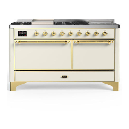 Ilve UM60FSQNR3AWG Ilve Um60Fsqnr3Awg Majestic Iii 60 Inch Dual Fuel Range With 7 Burners, Griddle And French Top, Dual Function Burner With Up To 25,000 Btu (Natural Gas, Solid Door, Antique White, Brass)