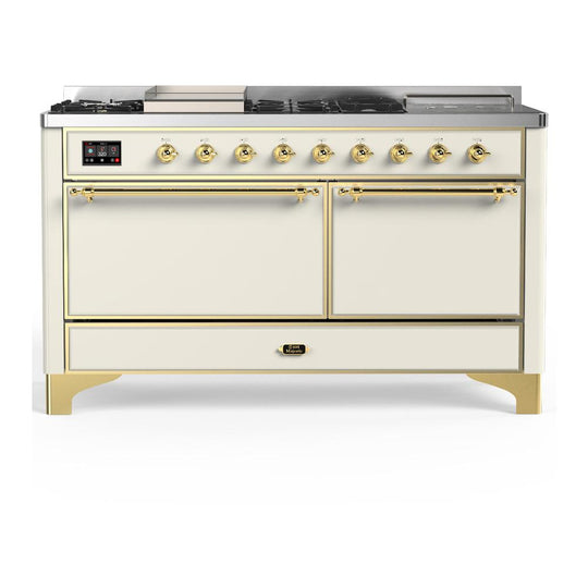 Ilve UM60FSQNR3AWG Ilve Um60Fsqnr3Awg Majestic Iii 60 Inch Dual Fuel Range With 7 Burners, Griddle And French Top, Dual Function Burner With Up To 25,000 Btu (Natural Gas, Solid Door, Antique White, Brass)