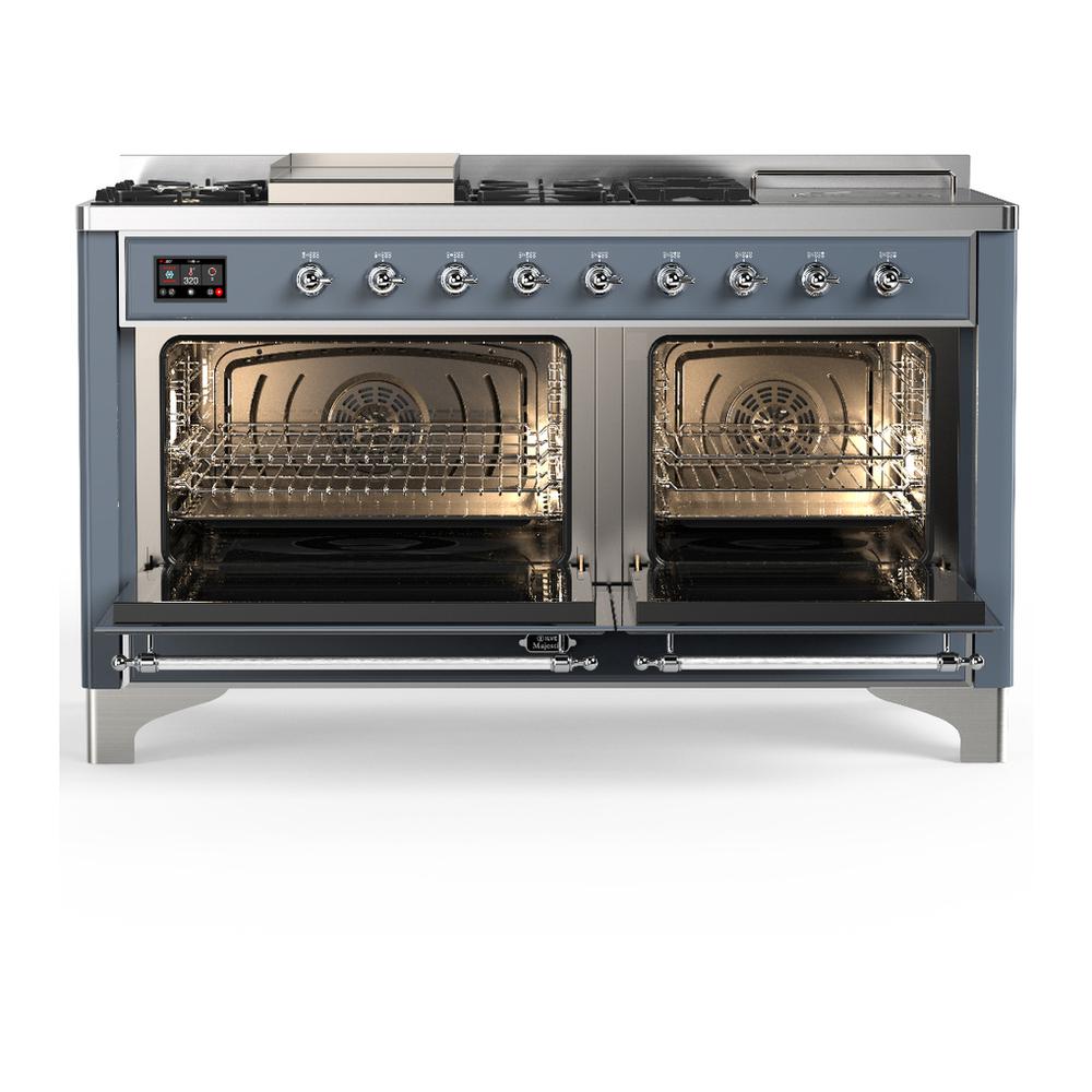 Ilve UM60FSQNR3BGC Ilve Um60Fsqnr3Bgc Majestic Iii 60 Inch Dual Fuel Range With 7 Burners, Griddle And French Top, Dual Function Burner With Up To 25,000 Btu (Natural Gas, Solid Door, Blue Grey, Chrome)