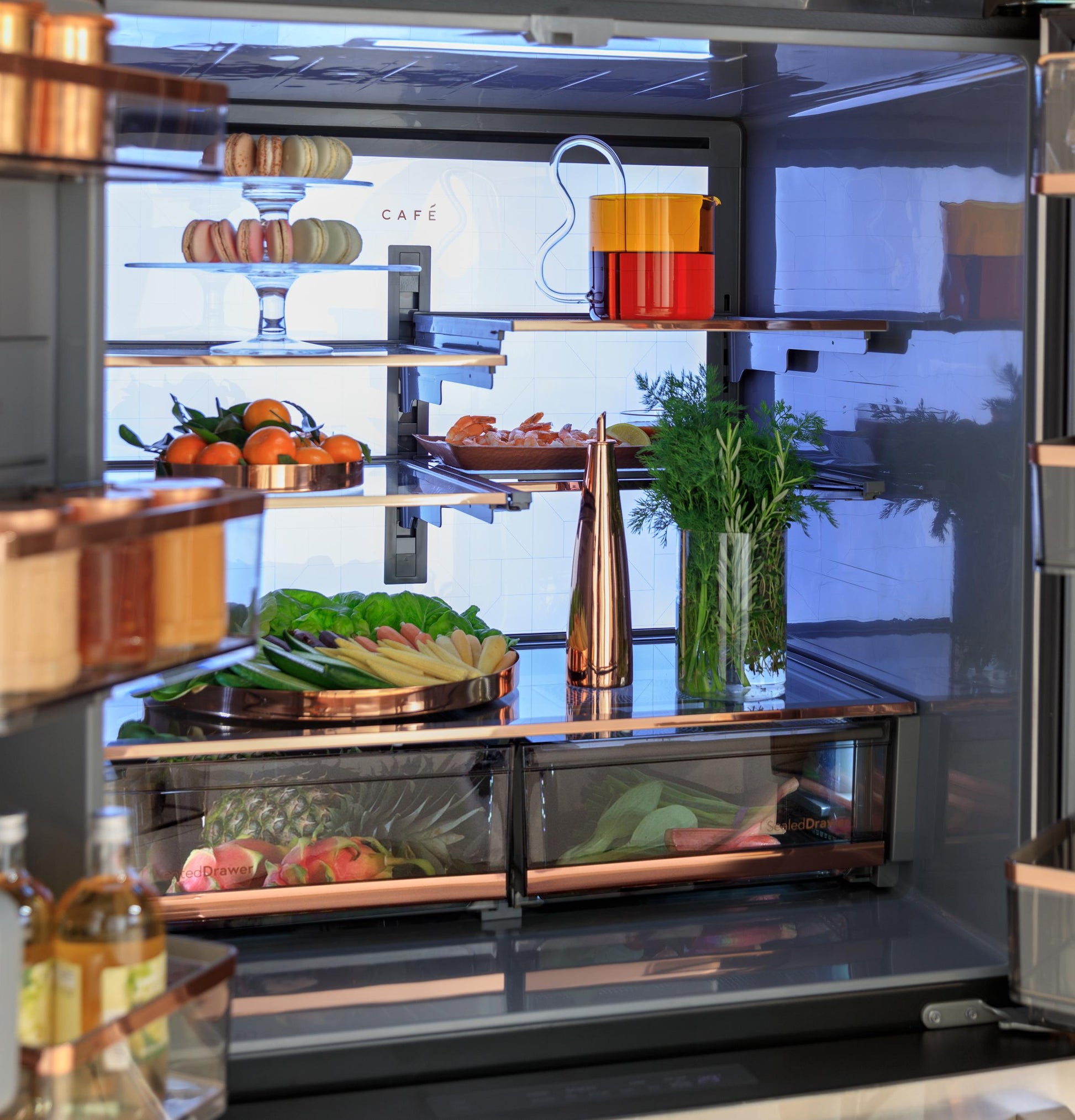 Cafe CJE23DM5WS5 Café™ Energy Star® 23.2 Cu. Ft. Smart Counter-Depth 4-Door French-Door Refrigerator In Platinum Glass With Dual-Dispense Autofill Pitcher