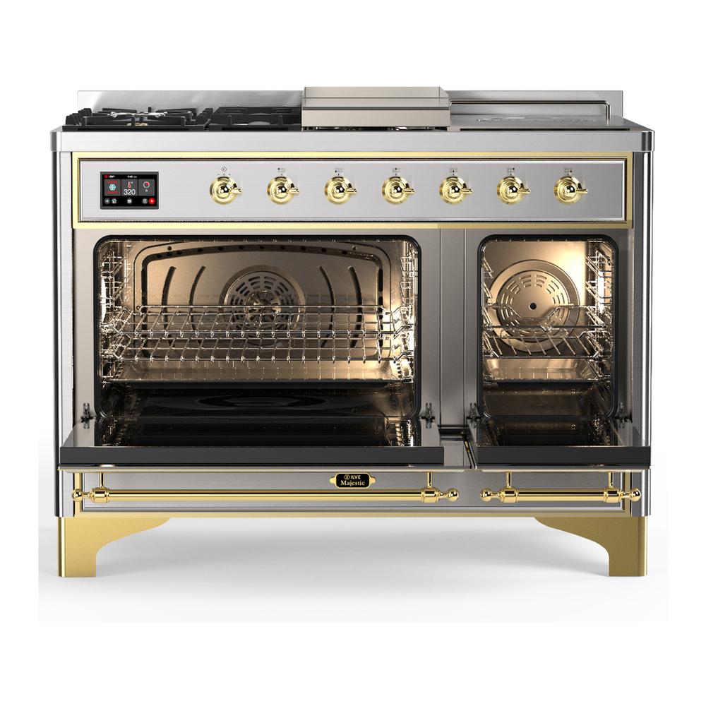 Ilve UM48FSNR3SSG Ilve Um48Fsnr3Ssg Majestic Iii 48 Inch Dual Fuel Range With 5 Black Brass Burners, Griddle And French Top, Dual Function Burner Up To 25,000 Btu (Natural Gas, Triple Glass Door, Stainless Steel, Brass)
