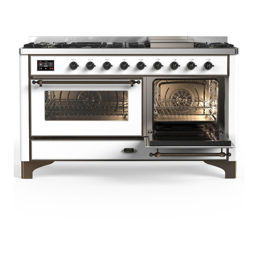 Ilve UM60FNR3WHB Ilve Um60Fnr3Whb Majestic Iii 60 Inch Dual Fuel Range With 9 Burners And Griddle, Dual Function Burner Up To 25,000 Btu (Natural Gas, Triple Glass Door, White, Burnished)