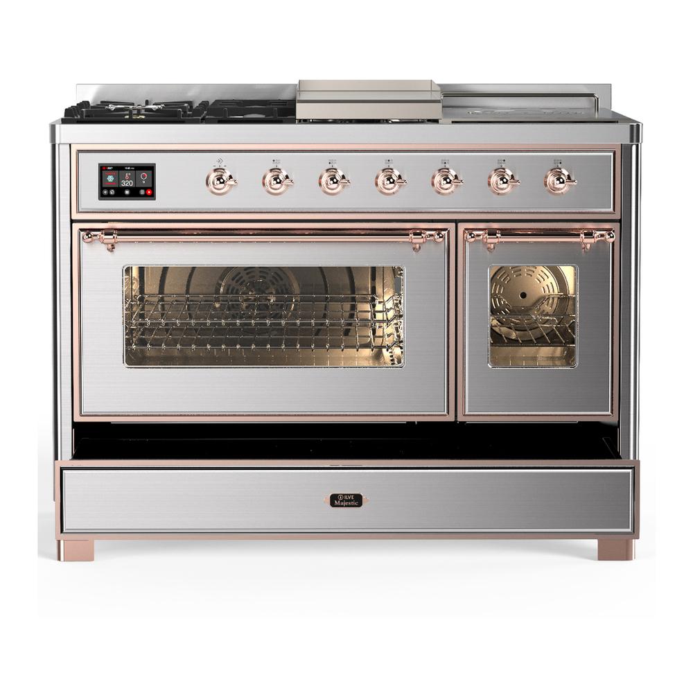 Ilve UM48FSNR3SSP Ilve Um48Fsnr3Ssp Majestic Iii 48 Inch Dual Fuel Range With 5 Black Brass Burners, Griddle And French Top, Dual Function Burner Up To 25,000 Btu (Natural Gas, Triple Glass Door, Stainless Steel, Copper)