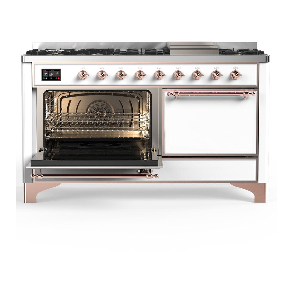 Ilve UM60FQNR3WHPLP Ilve Um60Fqnr3Whplp Majestic Iii 60 Inch Dual Fuel Range With 9 Burners And Griddle, Dual Function Burner Up To 25,000 Btu (Liquid Propane, Solid Door, White, Copper)