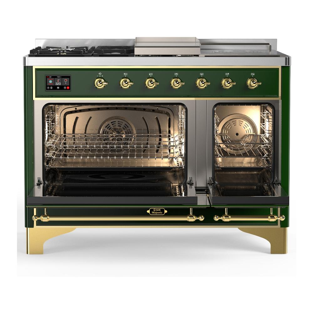 Ilve UM48FSQNR3EGGLP Ilve Um48Fsqnr3Egglp Majestic Iii 48 Inch Dual Fuel Range With 5 Black Brass Burners, Griddle And French Top, Dual Function Burner Up To 25,000 Btu (Liquid Propane, Solid Door, Emerald Green, Brass)