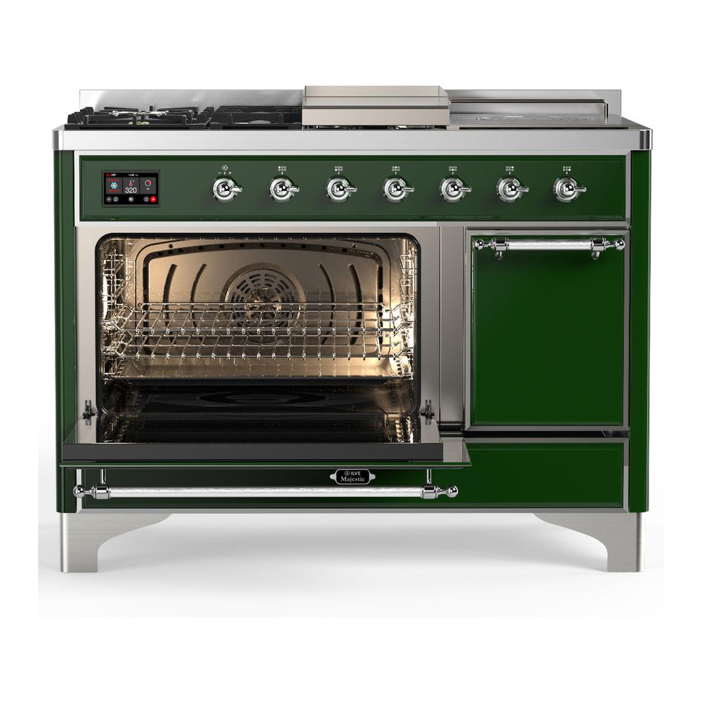 Ilve UM48FSQNR3EGC Ilve Um48Fsqnr3Egc Majestic Iii 48 Inch Dual Fuel Range With 5 Black Brass Burners, Griddle And French Top, Dual Function Burner Up To 25,000 Btu (Natural Gas, Solid Door, Emerald Green, Chrome)