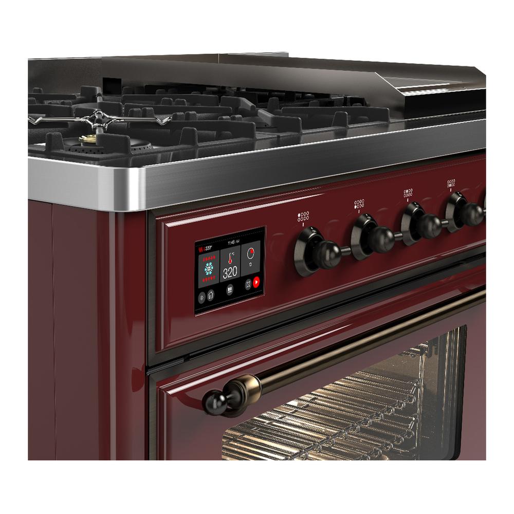 Ilve UM48FNR3BUB Ilve Um48Fnr3Bub Majestic Iii 48 Inch Dual Fuel Range With 8 Burners And Griddle, Dual Function Burner Up To 25,000 Btu (Natural Gas, Triple Glass Door, Burgundy, Burnished)
