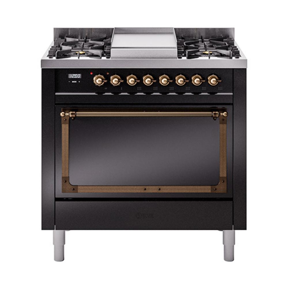 Ilve UN36FQNMPBKBLP Ilve Un36Fqnmpbkblp Nostalgie Ii Noblesse 36" Dual Fuel Range (Liquid Propane, Solid Door, Glossy Black, Burnished)