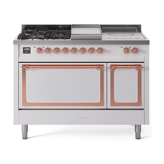 Ilve UN48FSQNMPWHPLP Ilve Un48Fsqnmpwhplp Nostalgie Ii Noblesse 48" Dual Fuel Range (5 Sealed Burners + Griddle + French Top, Liquid Propane, Solid Door, White, Copper)