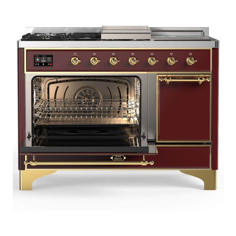 Ilve UM48FSQNR3BUG Ilve Um48Fsqnr3Bug Majestic Iii 48 Inch Dual Fuel Range With 5 Black Brass Burners, Griddle And French Top, Dual Function Burner Up To 25,000 Btu (Natural Gas, Solid Door, Burgundy, Brass)