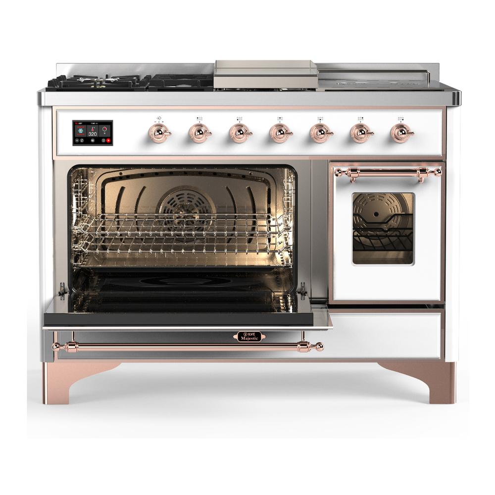 Ilve UM48FSNR3WHPLP Ilve Um48Fsnr3Whplp Majestic Iii 48 Inch Dual Fuel Range With 5 Black Brass Burners, Griddle And French Top, Dual Function Burner Up To 25,000 Btu (Liquid Propane, Triple Glass Door, White, Copper)