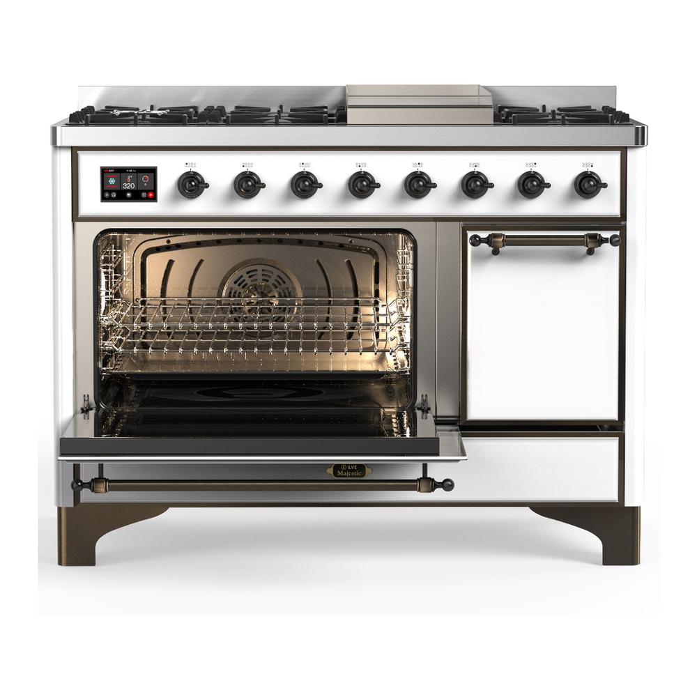Ilve UM48FQNR3WHB Ilve Um48Fqnr3Whb Majestic Iii 48 Inch Dual Fuel Range With 8 Burners And Griddle, Dual Function Burner Up To 25,000 Btu (Natural Gas, Solid Door, White, Burnished)
