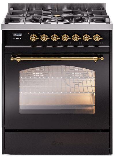 Ilve UP30NMPBKGLP Nostalgie Ii 30 Inch Dual Fuel Liquid Propane Freestanding Range In Glossy Black With Brass Trim