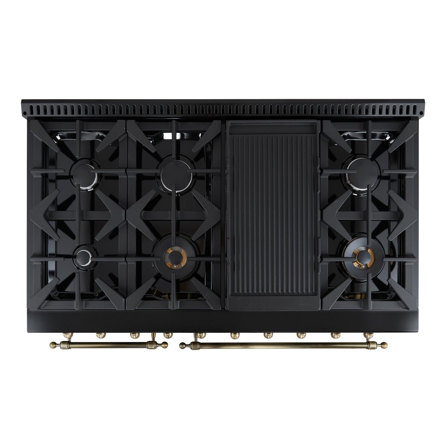 Forno FFSGS611348BLK Forno Antico 48-Inch Dual Fuel Range, Black With Antique Brass Finish, 8 Burners, 94,000 Btu, 5.5 Cu.Ft. Double Ovens & Griddle