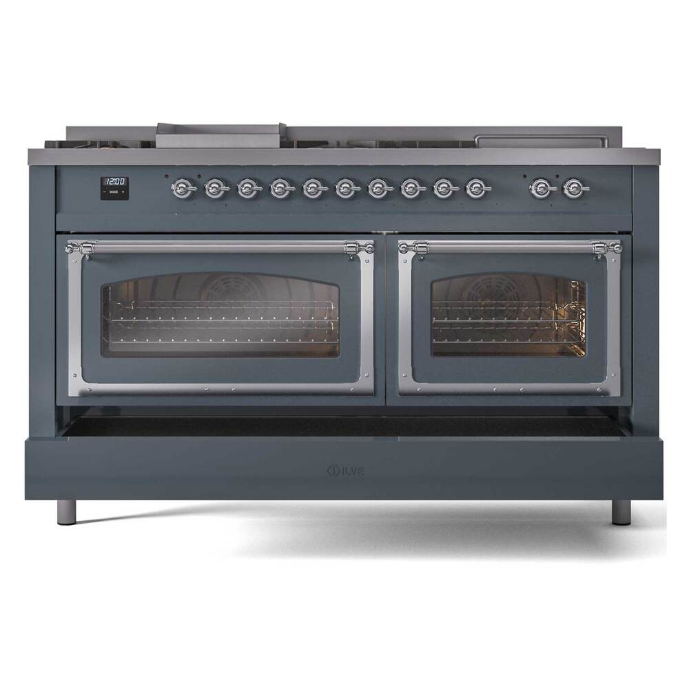 Ilve UN60FSNMPBGC Ilve Un60Fsnmpbgc Nostalgie Ii Noblesse 60" Dual Fuel Range (7 Sealed Burners + Griddle + French Top, Natural Gas, Triple Glass Door, Blue Grey, Chrome)