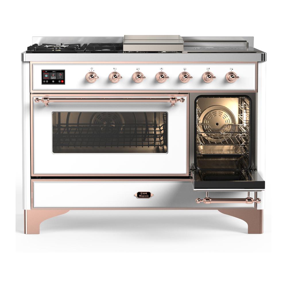 Ilve UM48FSNR3WHPLP Ilve Um48Fsnr3Whplp Majestic Iii 48 Inch Dual Fuel Range With 5 Black Brass Burners, Griddle And French Top, Dual Function Burner Up To 25,000 Btu (Liquid Propane, Triple Glass Door, White, Copper)
