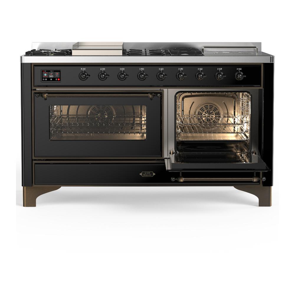 Ilve UM60FSNR3BKBLP Ilve Um60Fsnr3Bkblp Majestic Iii 60 Inch Dual Fuel Range With 7 Burners, Griddle And French Top, Dual Function Burner With Up To 25,000 Btu (Liquid Propane, Triple Glass Door, Glossy Black, Burnished)