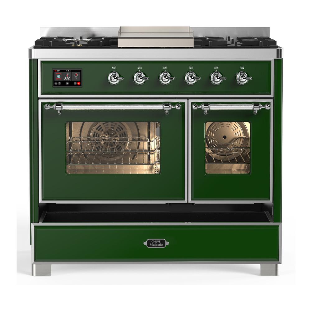 Ilve UMD40FNR3EGC Ilve Umd40Fnr3Egc Majestic Iii 40 Inch Dual Fuel Range With 6 Burners And Griddle, Dual Function Burner Up To 25,000 Btu (Natural Gas, Triple Glass Door, Emerald Green, Chrome)