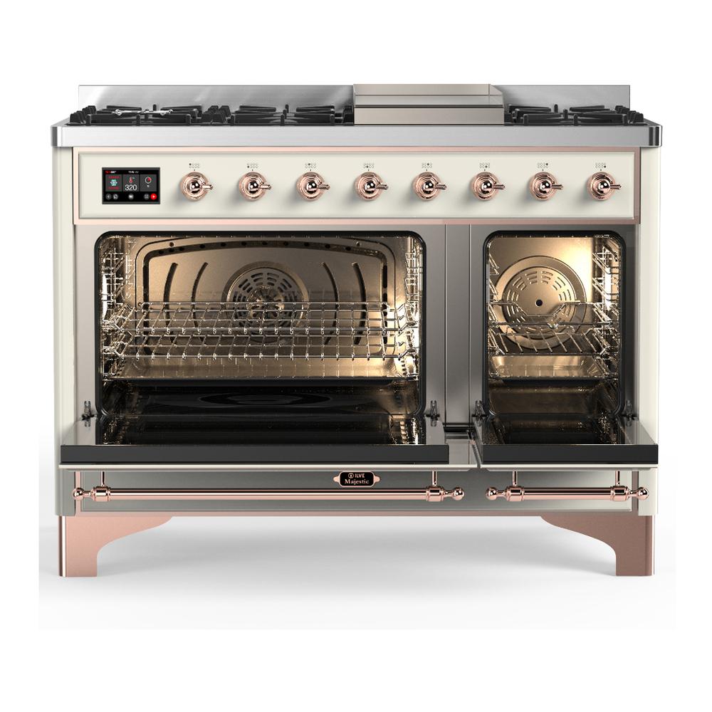 Ilve UM48FQNR3AWPLP Ilve Um48Fqnr3Awplp Majestic Iii 48 Inch Dual Fuel Range With 8 Burners And Griddle, Dual Function Burner Up To 25,000 Btu (Liquid Propane, Solid Door, Antique White, Copper)