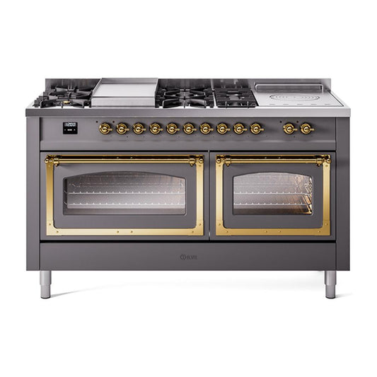 Ilve UN60FSNMPMGG Ilve Un60Fsnmpmgg Nostalgie Ii Noblesse 60" Dual Fuel Range (7 Sealed Burners + Griddle + French Top, Natural Gas, Triple Glass Door, Graphite Matte, Brass)