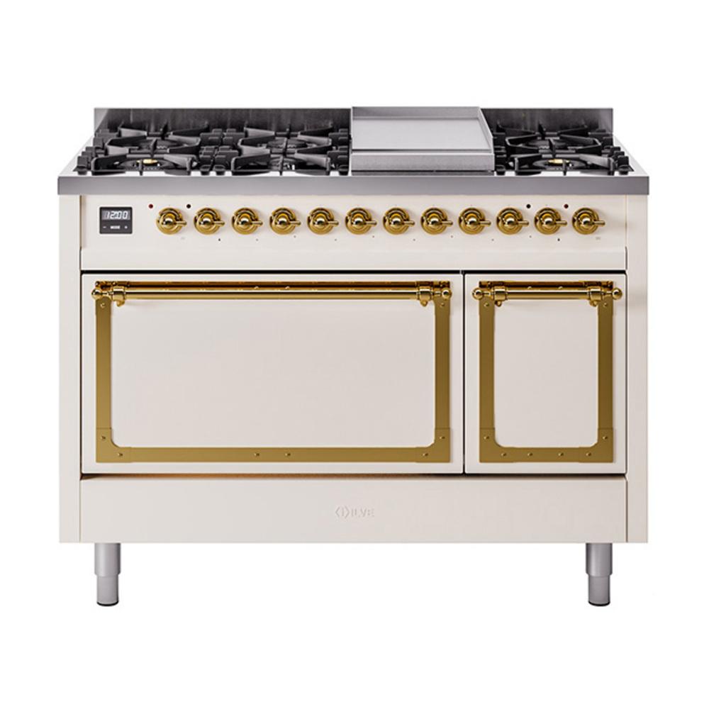 Ilve UN48FQNMPAWG Ilve Un48Fqnmpawg Nostalgie Ii Noblesse 48" Dual Fuel Range (8 Sealed Burners + Griddle, Natural Gas, Solid Door, Antique White, Brass)