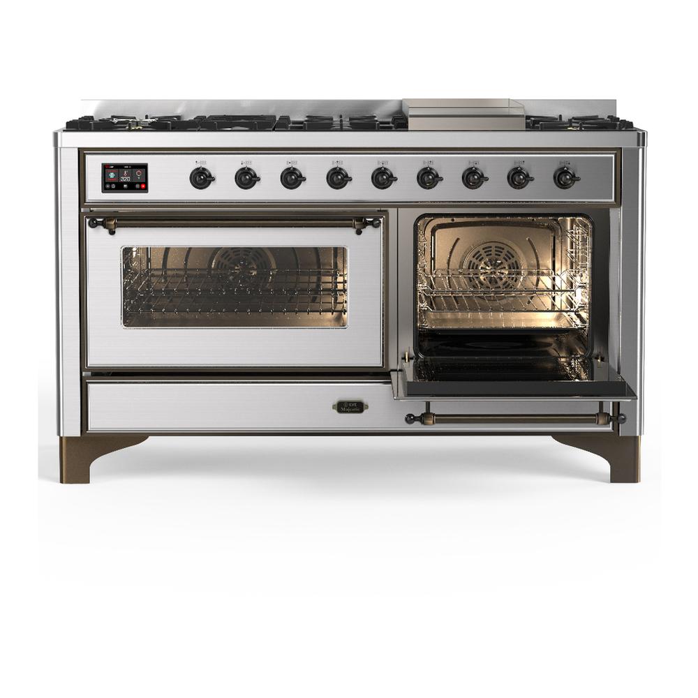 Ilve UM60FNR3SSBLP Ilve Um60Fnr3Ssblp Majestic Iii 60 Inch Dual Fuel Range With 9 Burners And Griddle, Dual Function Burner Up To 25,000 Btu (Liquid Propane, Triple Glass Door, Stainless Steel, Burnished)