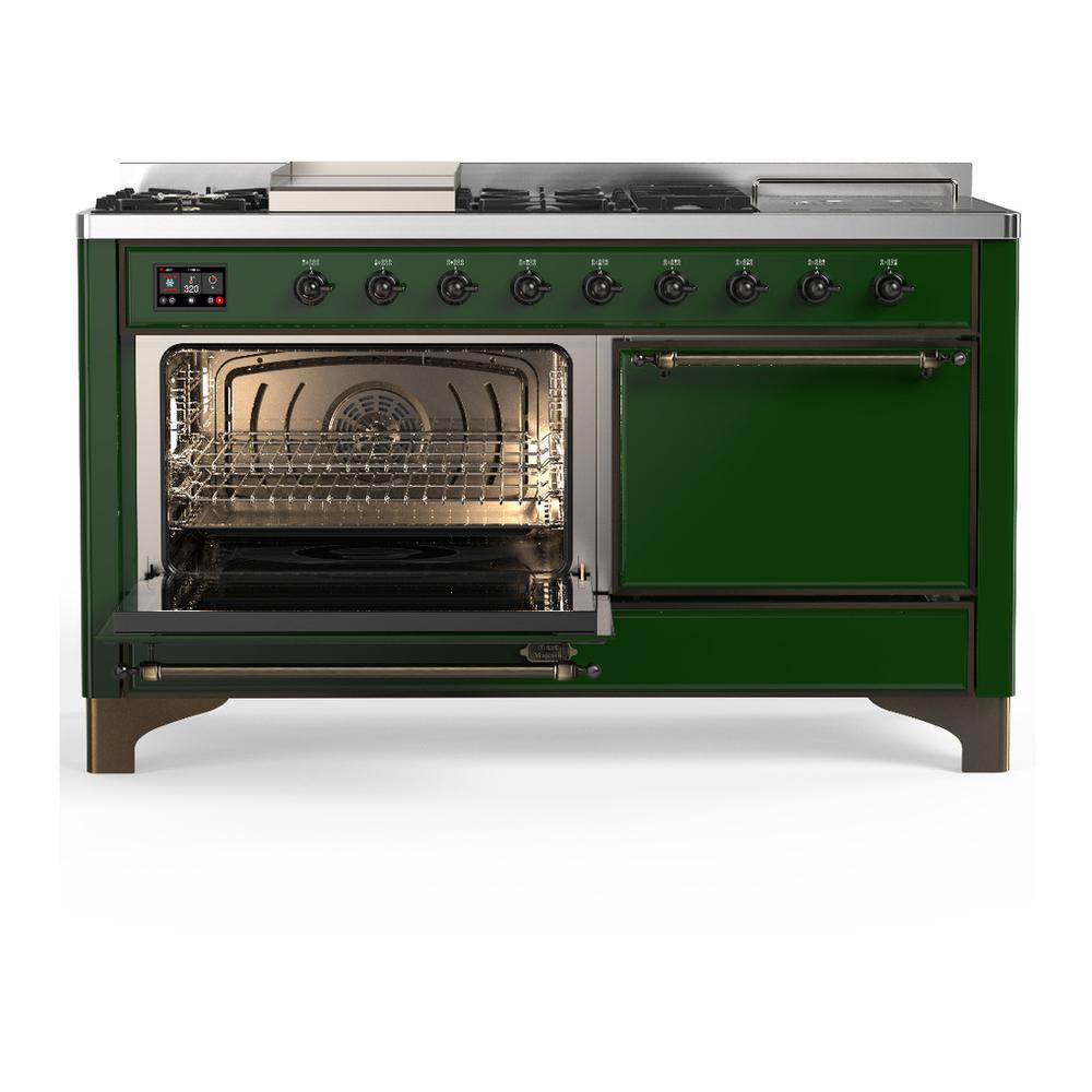 Ilve UM60FSQNR3EGB Ilve Um60Fsqnr3Egb Majestic Iii 60 Inch Dual Fuel Range With 7 Burners, Griddle And French Top, Dual Function Burner With Up To 25,000 Btu (Natural Gas, Solid Door, Emerald Green, Burnished)