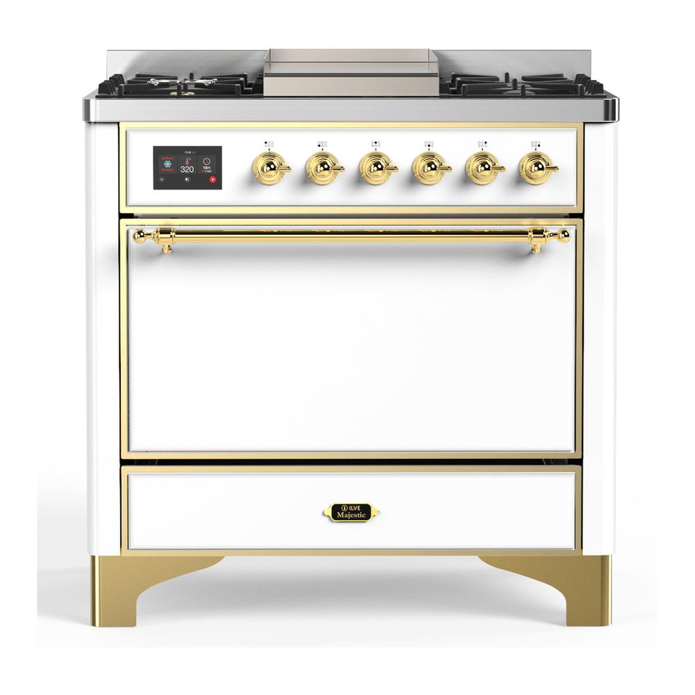 Ilve UM36FQNR3WHG Ilve Um36Fqnr3Whg Majestic Iii 36 Inch Dual Fuel Range With 6 Black Brass Burners And Griddle, Dual Function Burner Up To 25,000 Btu (Solid Door, White, Brass, Natural Gas)