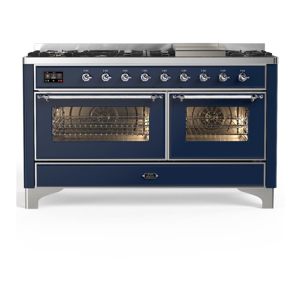 Ilve UM60FNR3MBCLP Ilve Um60Fnr3Mbclp Majestic Iii 60 Inch Dual Fuel Range With 9 Burners And Griddle, Dual Function Burner Up To 25,000 Btu (Liquid Propane, Triple Glass Door, Midnight Blue, Chrome)