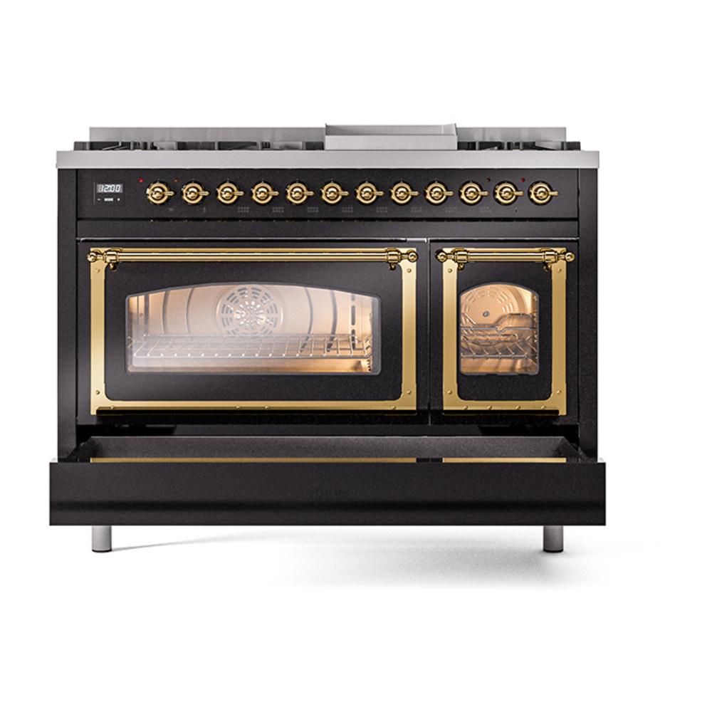 Ilve UN48FNMPBKGLP Ilve Un48Fnmpbkglp Nostalgie Ii Noblesse 48" Dual Fuel Range (8 Sealed Burners + Griddle, Liquid Propane, Triple Glass Door, Glossy Black, Brass)
