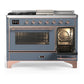 Ilve UM48FSNR3BGP Ilve Um48Fsnr3Bgp Majestic Iii 48 Inch Dual Fuel Range With 5 Black Brass Burners, Griddle And French Top, Dual Function Burner Up To 25,000 Btu (Natural Gas, Triple Glass Door, Blue Grey, Copper)