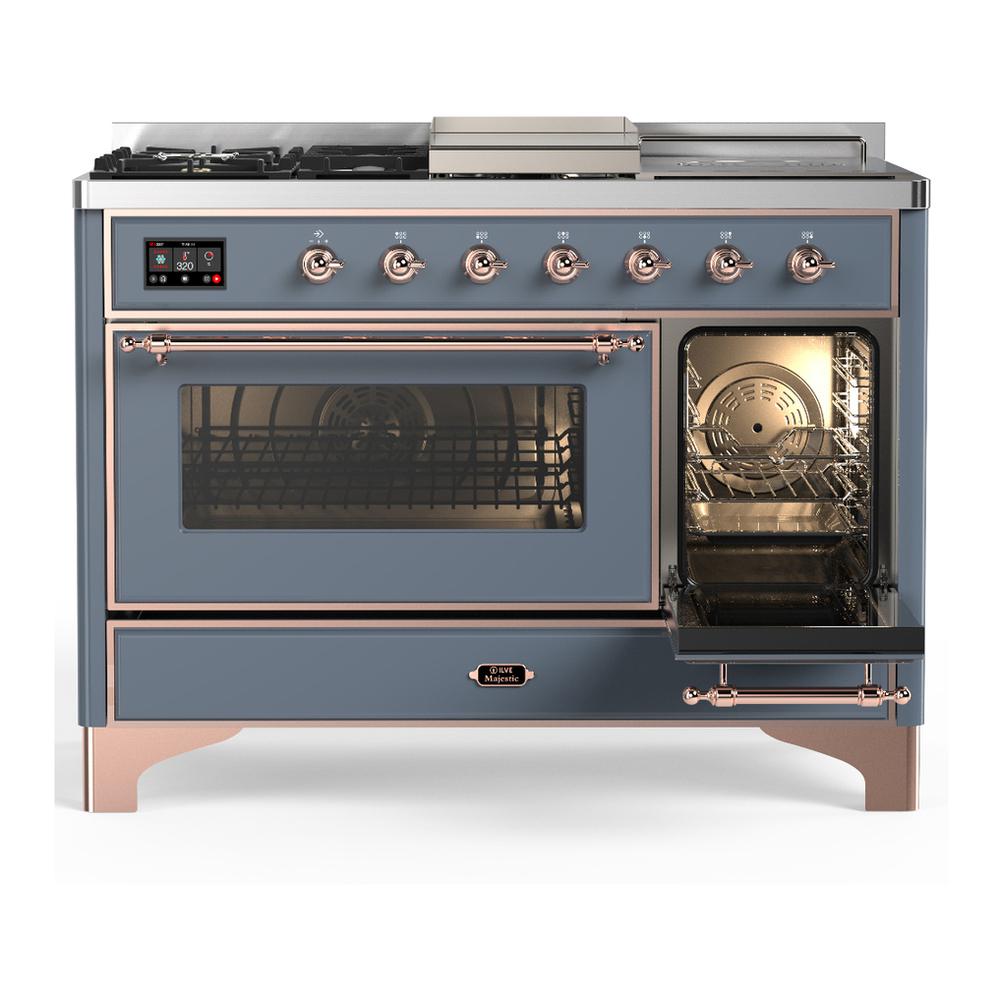 Ilve UM48FSNR3BGP Ilve Um48Fsnr3Bgp Majestic Iii 48 Inch Dual Fuel Range With 5 Black Brass Burners, Griddle And French Top, Dual Function Burner Up To 25,000 Btu (Natural Gas, Triple Glass Door, Blue Grey, Copper)