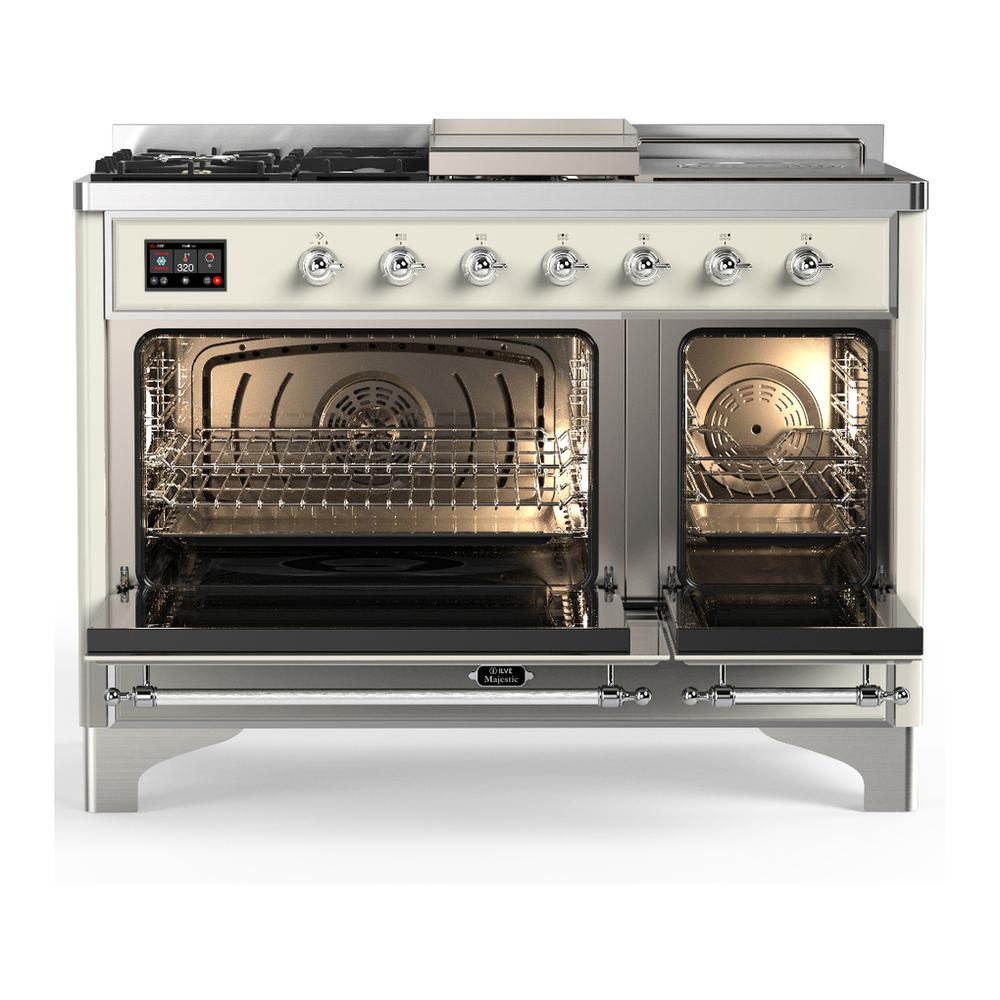 Ilve UM48FSQNR3AWCLP Ilve Um48Fsqnr3Awclp Majestic Iii 48 Inch Dual Fuel Range With 5 Black Brass Burners, Griddle And French Top, Dual Function Burner Up To 25,000 Btu (Liquid Propane, Solid Door, Antique White, Chrome)