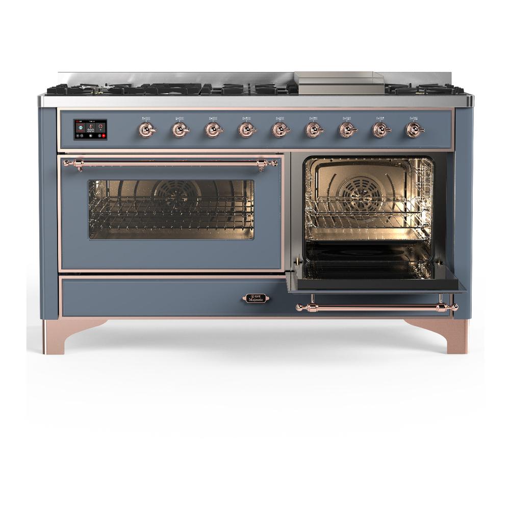 Ilve UM60FNR3BGP Ilve Um60Fnr3Bgp Majestic Iii 60 Inch Dual Fuel Range With 9 Burners And Griddle, Dual Function Burner Up To 25,000 Btu (Natural Gas, Triple Glass Door, Blue Grey, Copper)