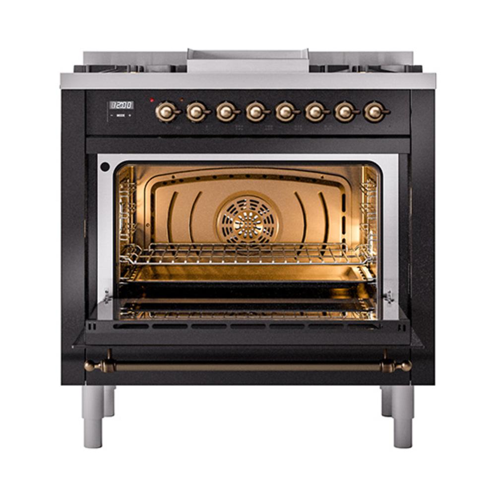 Ilve UN36FQNMPBKBLP Ilve Un36Fqnmpbkblp Nostalgie Ii Noblesse 36" Dual Fuel Range (Liquid Propane, Solid Door, Glossy Black, Burnished)