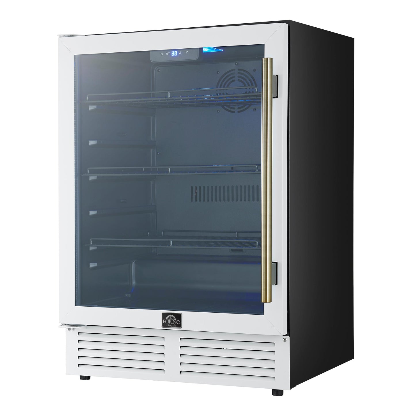 Forno FWCDR666524WHT Forno Frescolino 24 Inch Beverage Cooler, White With Antique Brass Handles, With Led Lighting, Triple Glass Door, 188 Can Capacity, Built-In Or Freestanding