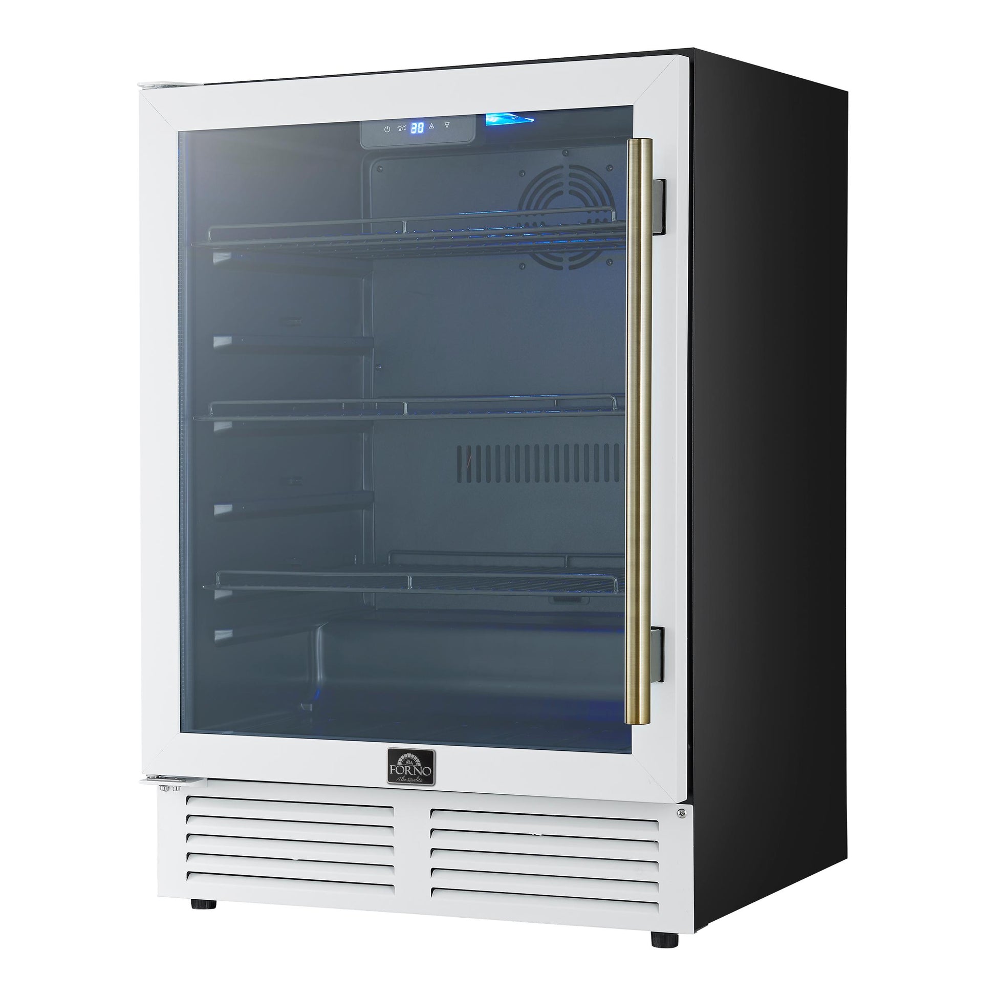 Forno FWCDR666524WHT Forno Frescolino 24 Inch Beverage Cooler, White With Antique Brass Handles, With Led Lighting, Triple Glass Door, 188 Can Capacity, Built-In Or Freestanding