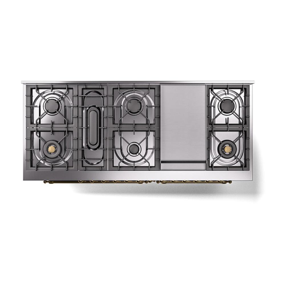 Ilve UN60FNMPEGG Ilve Un60Fnmpegg Nostalgie Ii Noblesse 60" Dual Fuel Range (9 Sealed Burners + Griddle, Natural Gas, Triple Glass Door, Emerald Green, Brass)