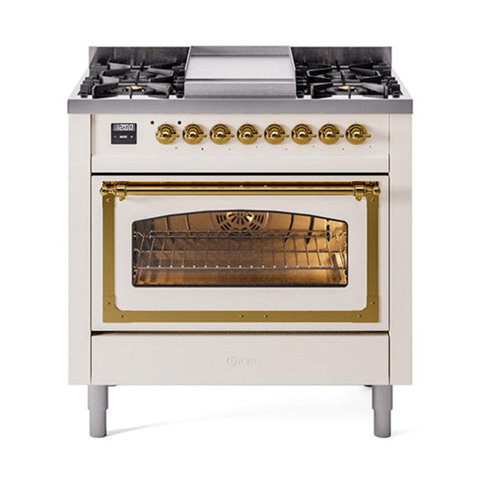 Ilve UN36FNMPAWGLP Ilve Un36Fnmpawglp Nostalgie Ii Noblesse 36" Dual Fuel Range (Liquid Propane, Triple Glass Door, Antique White, Brass)