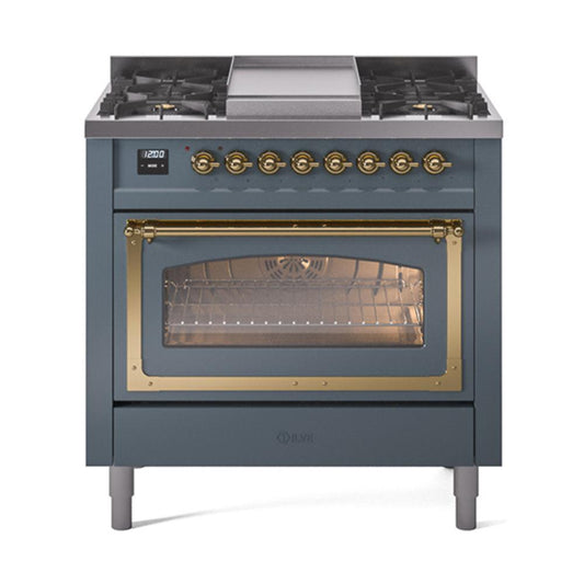 Ilve UN36FNMPBGG Ilve Un36Fnmpbgg Nostalgie Ii Noblesse 36" Dual Fuel Range (Natural Gas, Triple Glass Door, Blue Grey, Brass)