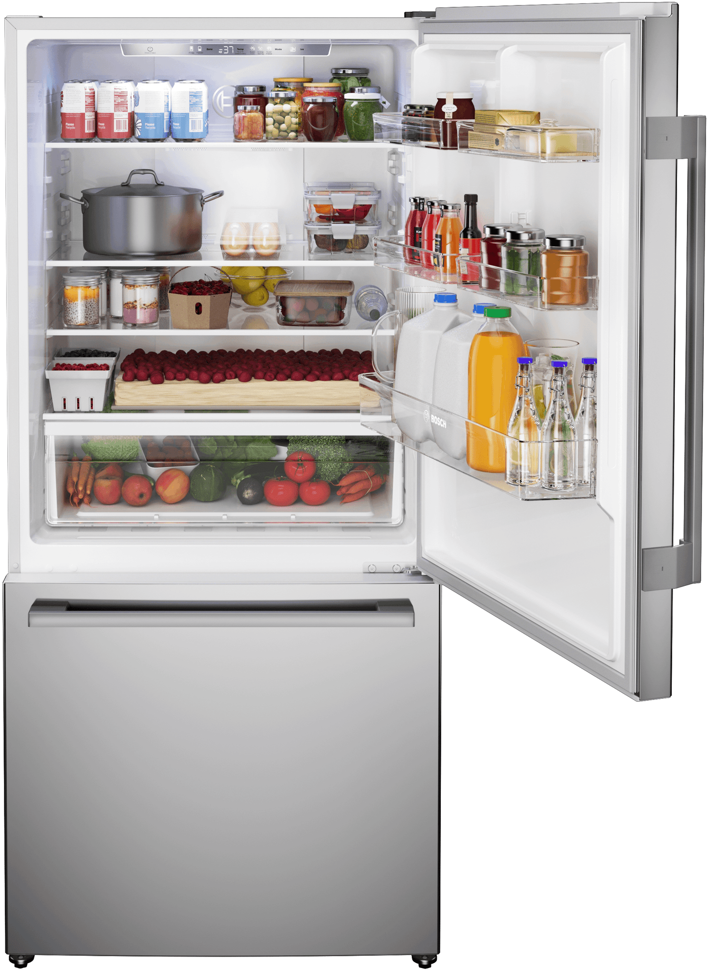 Bosch B33CM10SNS 100 Series, Free-Standing Fridge-Freezer With Freezer At Bottom, Brushed Steel (With Anti-Fingerprint), Total No Frost