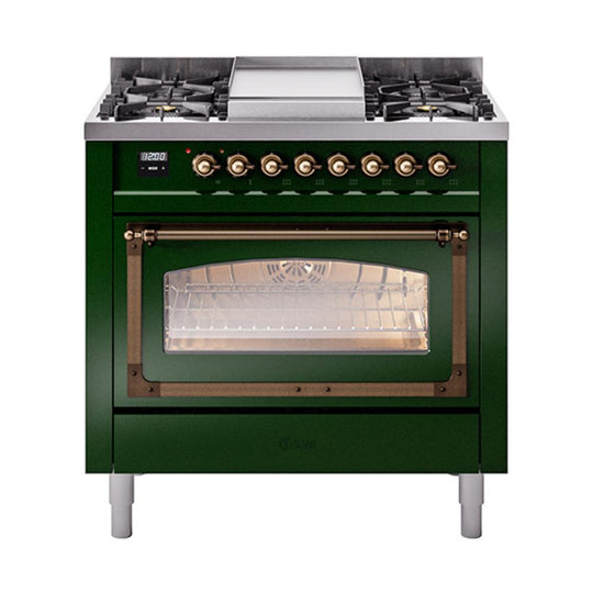 Ilve UN36FNMPEGB Ilve Un36Fnmpegb Nostalgie Ii Noblesse 36" Dual Fuel Range (Natural Gas, Triple Glass Door, Emerald Green, Burnished)