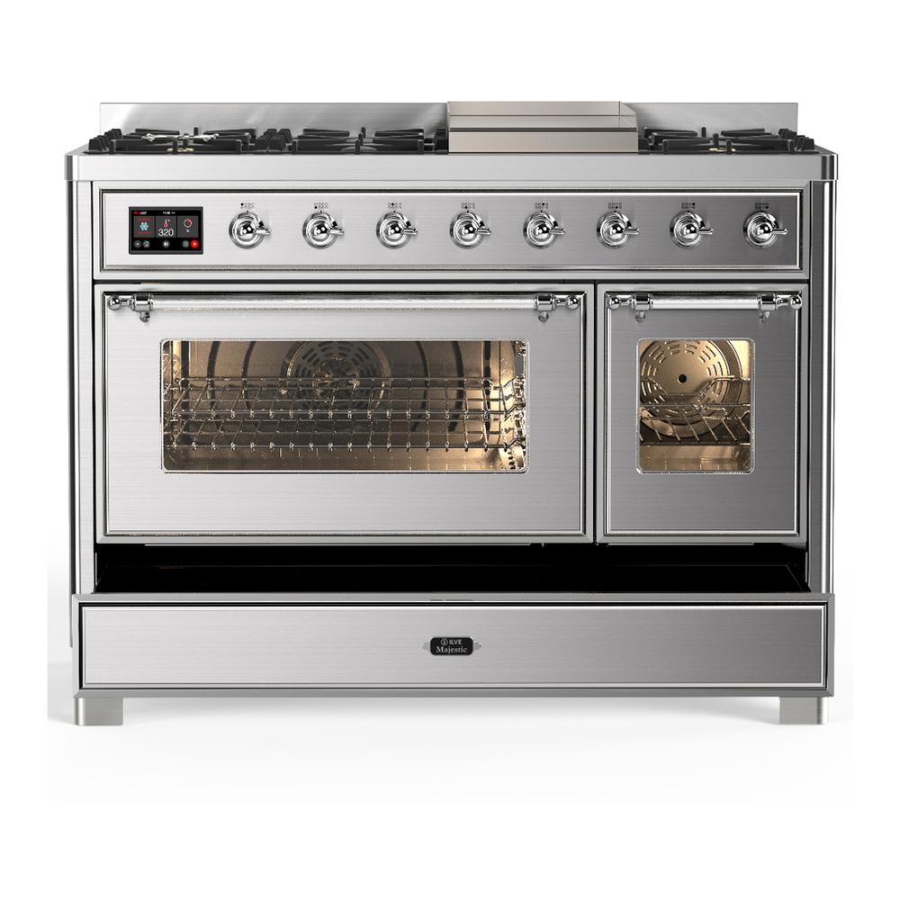 Ilve UM48FNR3SSCLP Ilve Um48Fnr3Ssclp Majestic Iii 48 Inch Dual Fuel Range With 8 Burners And Griddle, Dual Function Burner Up To 25,000 Btu (Liquid Propane, Triple Glass Door, Stainless Steel, Chrome)