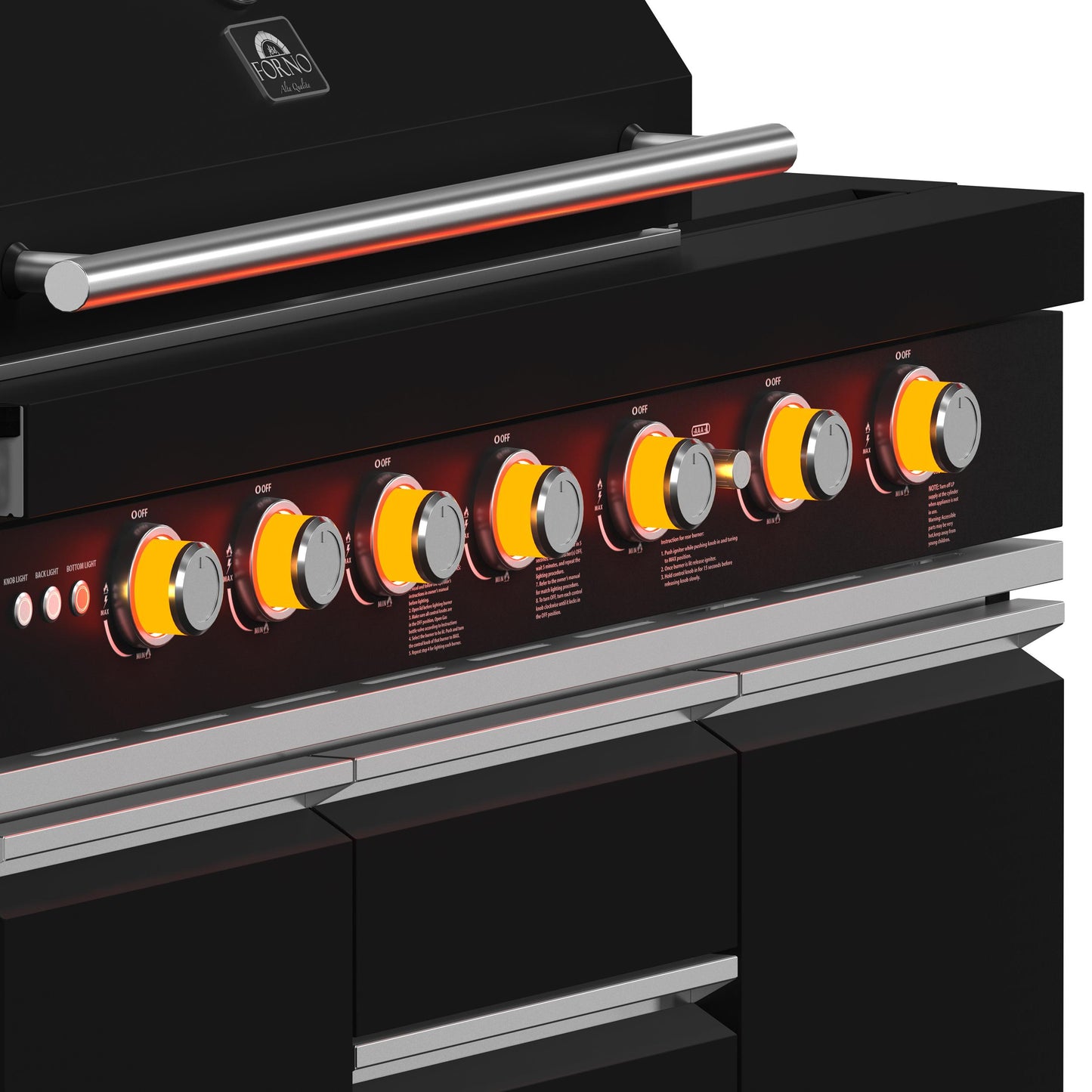 Forno FODKT2551BLK Forno All Aperto 87,600 Btu Outdoor Kitchen, 4 Burners, Infrared Burners, Side Burner, Black Sintered Stone Countertops, Gas Pizza Oven, Sink Module, Bar & Beverage Center