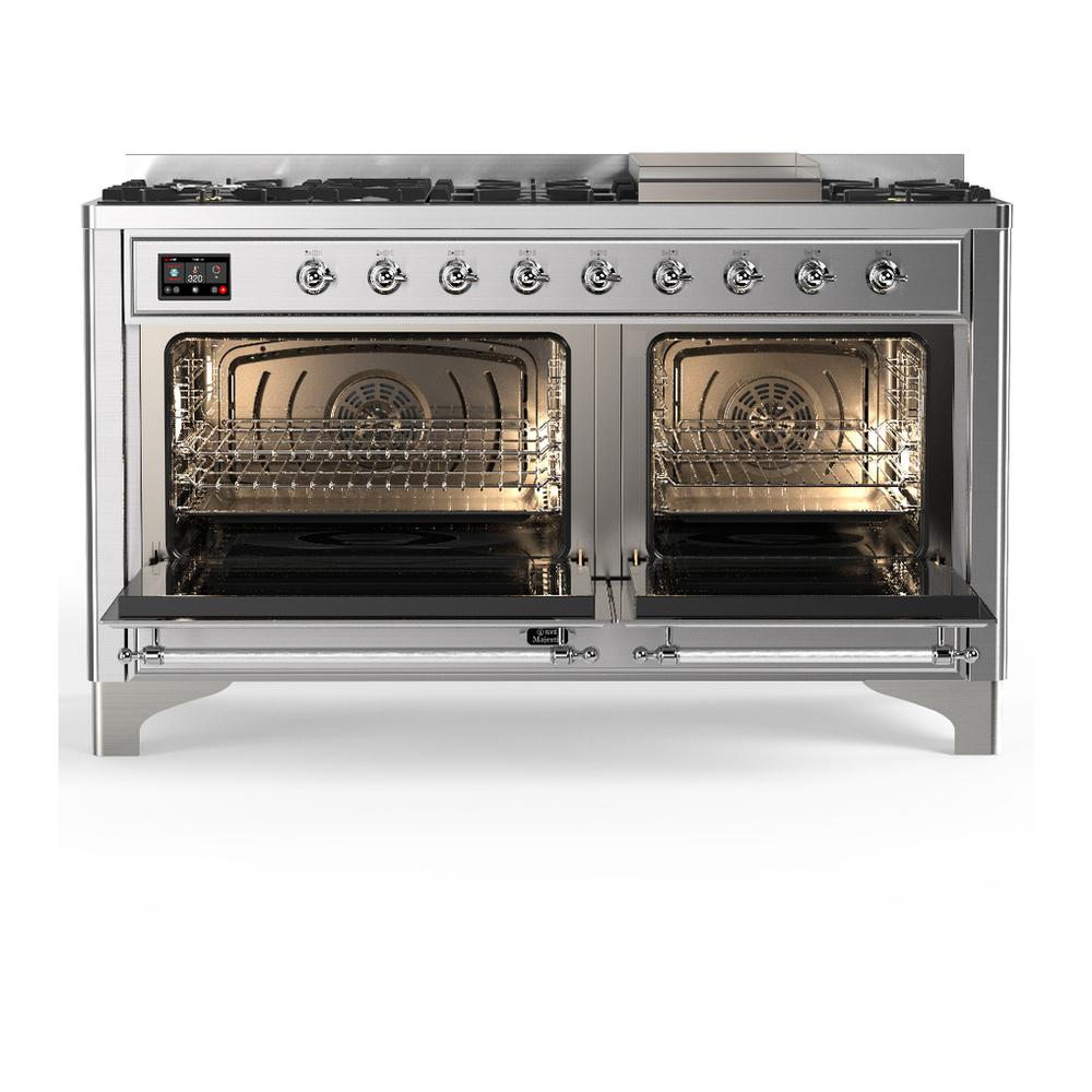 Ilve UM60FQNR3SSCLP Ilve Um60Fqnr3Ssclp Majestic Iii 60 Inch Dual Fuel Range With 9 Burners And Griddle, Dual Function Burner Up To 25,000 Btu (Liquid Propane, Solid Door, Stainless Steel, Chrome)