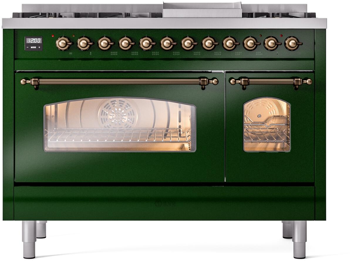 Ilve UP48FNMPEGB Nostalgie Ii 48 Inch Dual Fuel Natural Gas Freestanding Range In Emerald Green With Bronze Trim