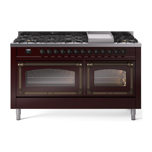 Ilve UN60FNMPBUB Ilve Un60Fnmpbub Nostalgie Ii Noblesse 60" Dual Fuel Range (9 Sealed Burners + Griddle, Natural Gas, Triple Glass Door, Burgundy, Burnished)